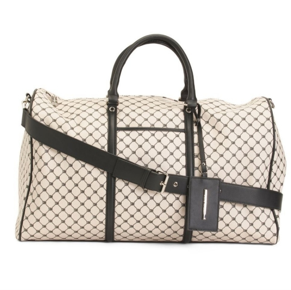 Steve Madden Luxury Designer Black Off White Weekend Duffel Travel Bag Like New